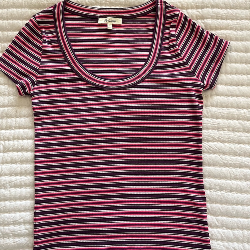Madewell Pink and Black Striped Short Sleeve Tee